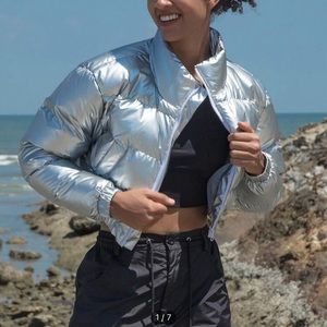 Silver cropped puffer! NEVER WORN